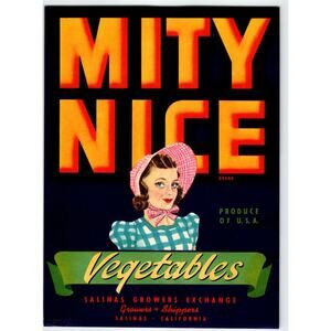Mity Nice Country Bonnet Girl Pinup Lady Vegetables Crate Label 1940s Vintage